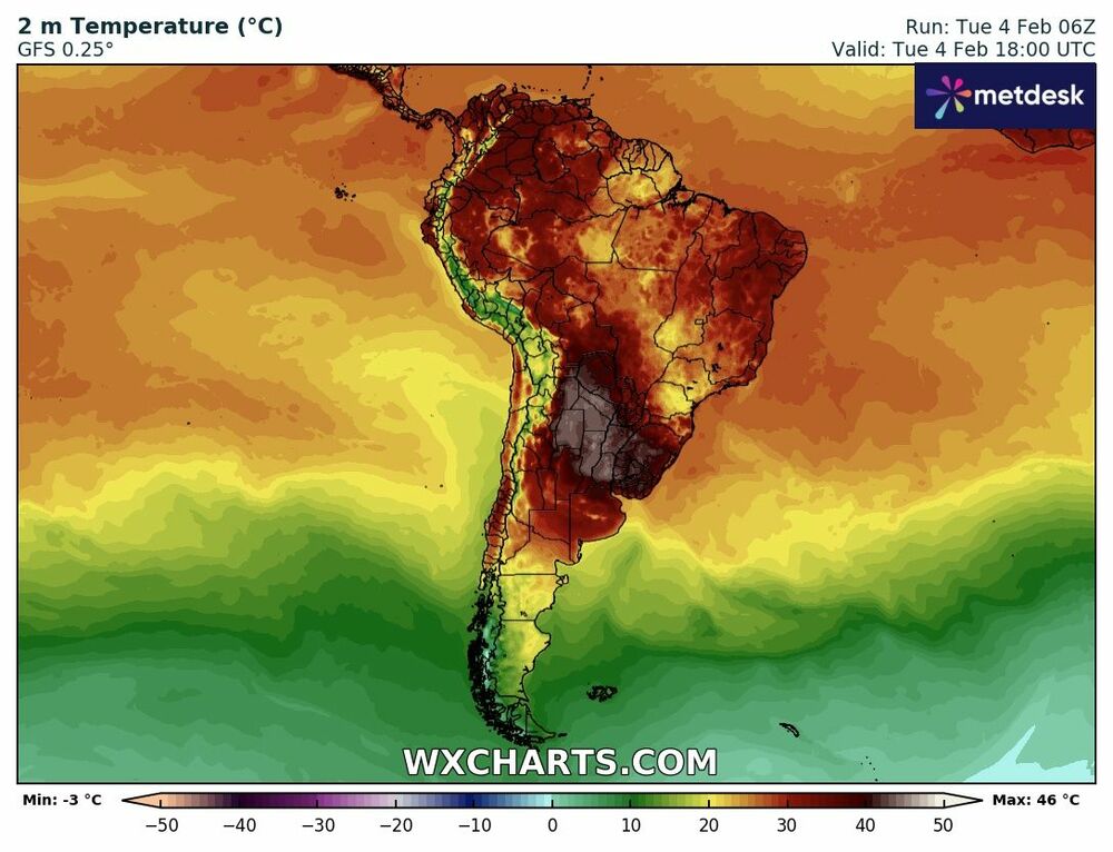 Pronóstico del temperatura para Argentina el 4 de febrero