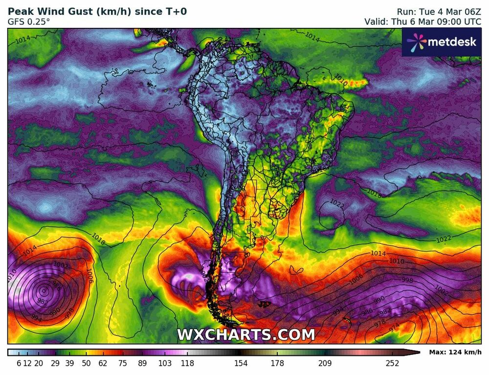 Mapa de Ráfagas Máximas de Viento – 5 de Marzo 2025